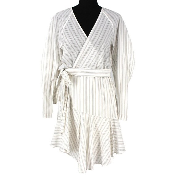 A.L.C. Dresses & Skirts - A.L.C. Enzo White Poplin Cotton Stripe Long Sleeve Wrap Dress 10 NEW Mini V-Neck